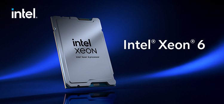 Близък план на процесор Intel Xeon 6 с ясно видимо лого на Intel
